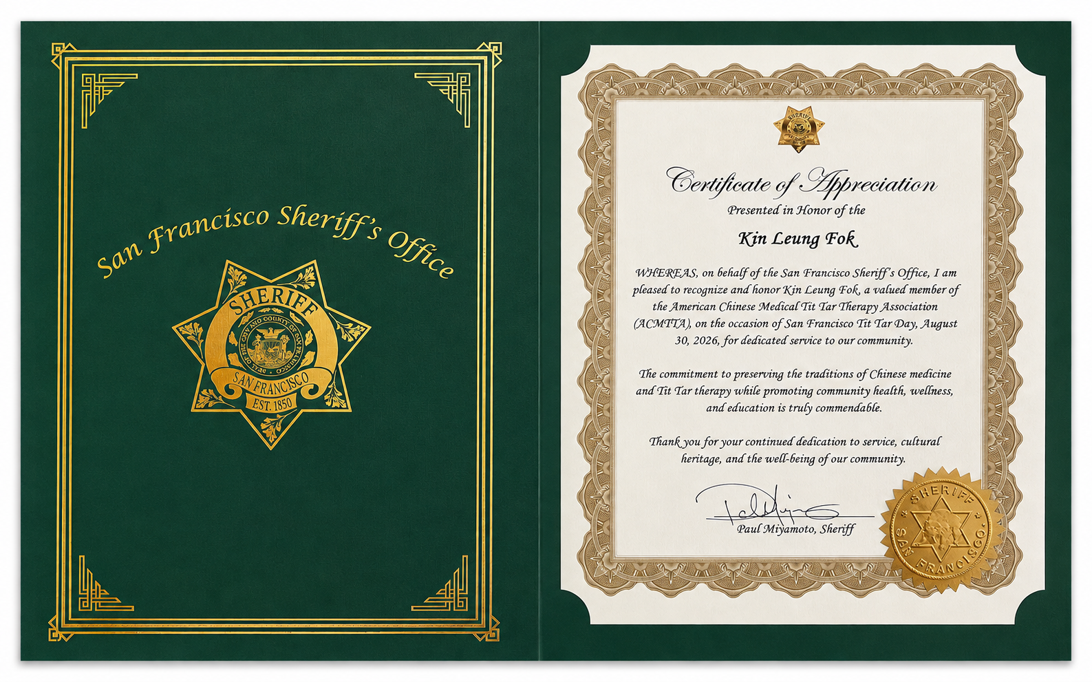 San Francisco Sheriff’s Office Certificate of Recognition presented to Kin Fok, L.Ac., Dipl. O.M.